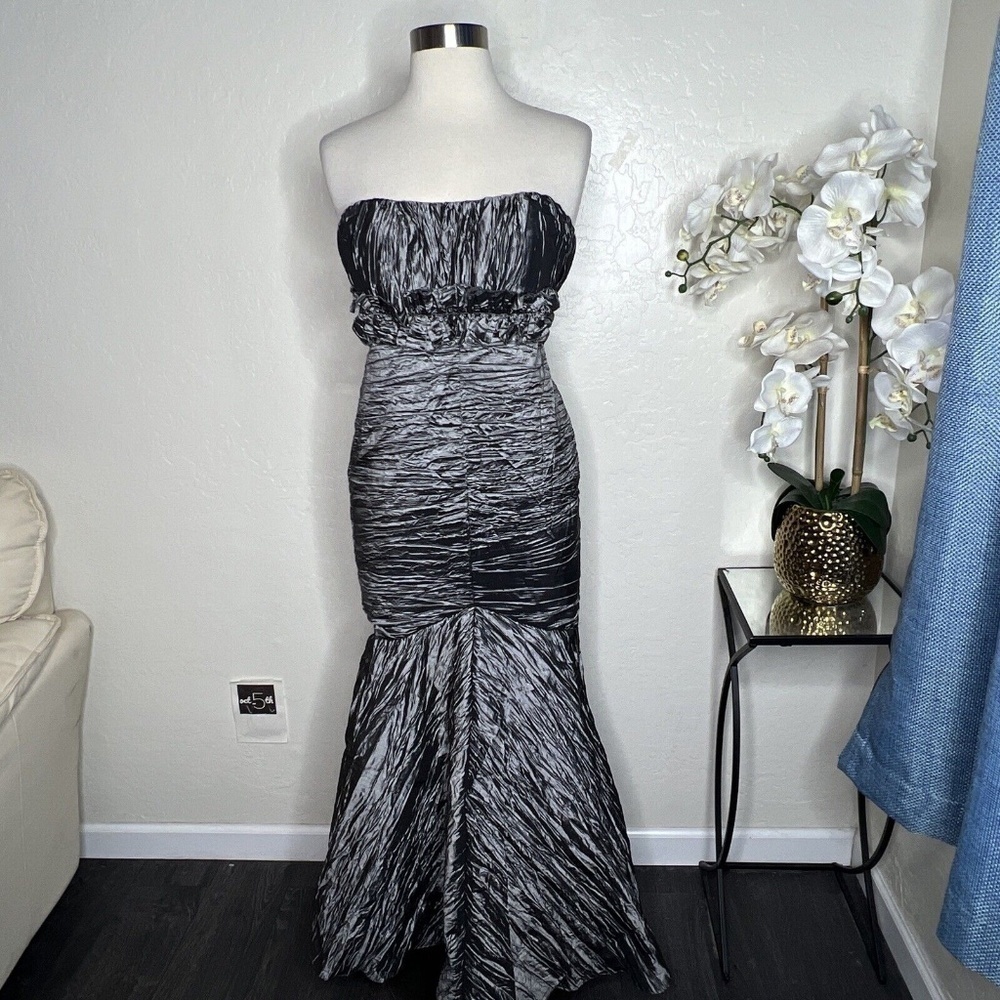Vintage Bari Jay gray Silver Maxi Strapless ruched  Mermaid Gown Dress 8